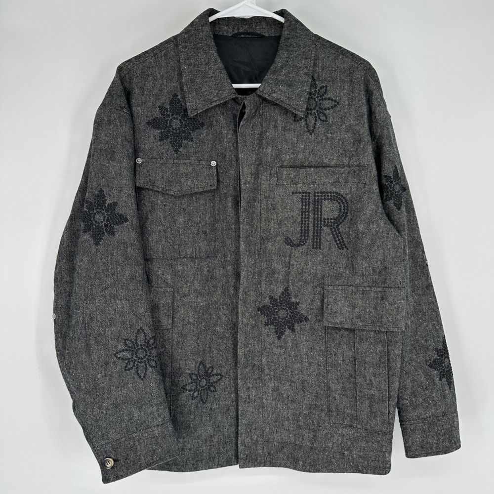 John Richmond Grey Linen Blend Beaded Utility Jacket JR Monogram Size 46